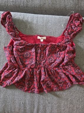 Rewind Red Paisley Smocked Peplum Crop Top with Blue Accents